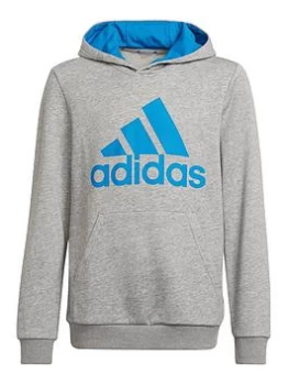 Image of adidas Boys Big Logo Overhead Hoodie - Grey/Blue, Grey/Blue, Size 11-12 Years