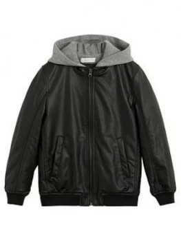 Image of Mango Boys Hooded Faux Leather Jacket - Black, Size Age: 8 Years