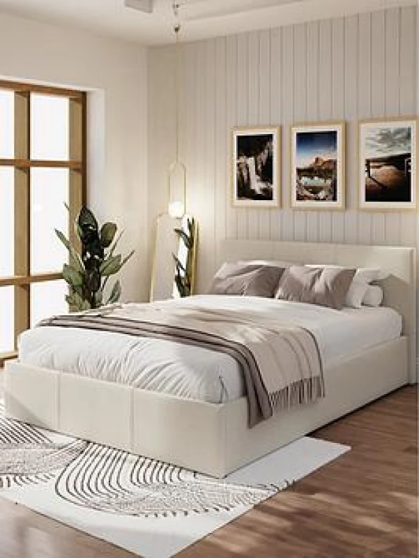 Image of GFW End Lift Single Ottoman Natural Fabric Bed & Pocket Mattress, Cream EL090NTSP