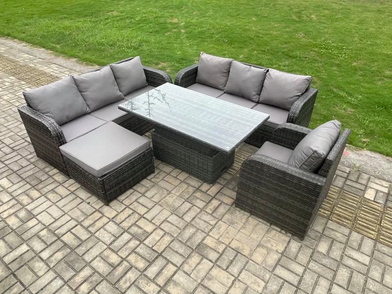 Image of Fimous 8 Seater Outdoor Rattan Garden Furniture Sets Height Adjustable Rising lifting Dining Table Sofa Set with Reclining Chair Big Footstool Dark Gr