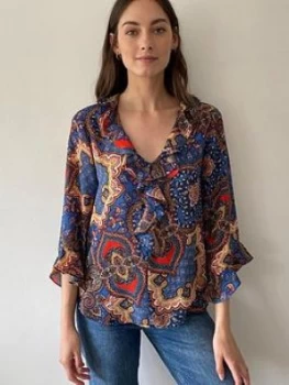 Image of Wallis Paisley Ruffle Top - Blue, Size 10, Women