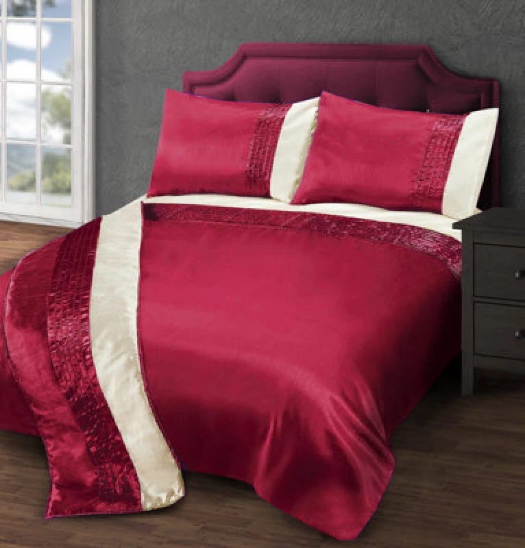 Image of Intimates Elegant Faux Silk Finish Duvet Cover & Pillowcase Set, Luxury Bedding Ensemble, Easy-Care Machine Washable - Burgundy