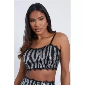 image of I Saw It First Black Zebra Print Sequin Lace Trim Mini Skirt - Black