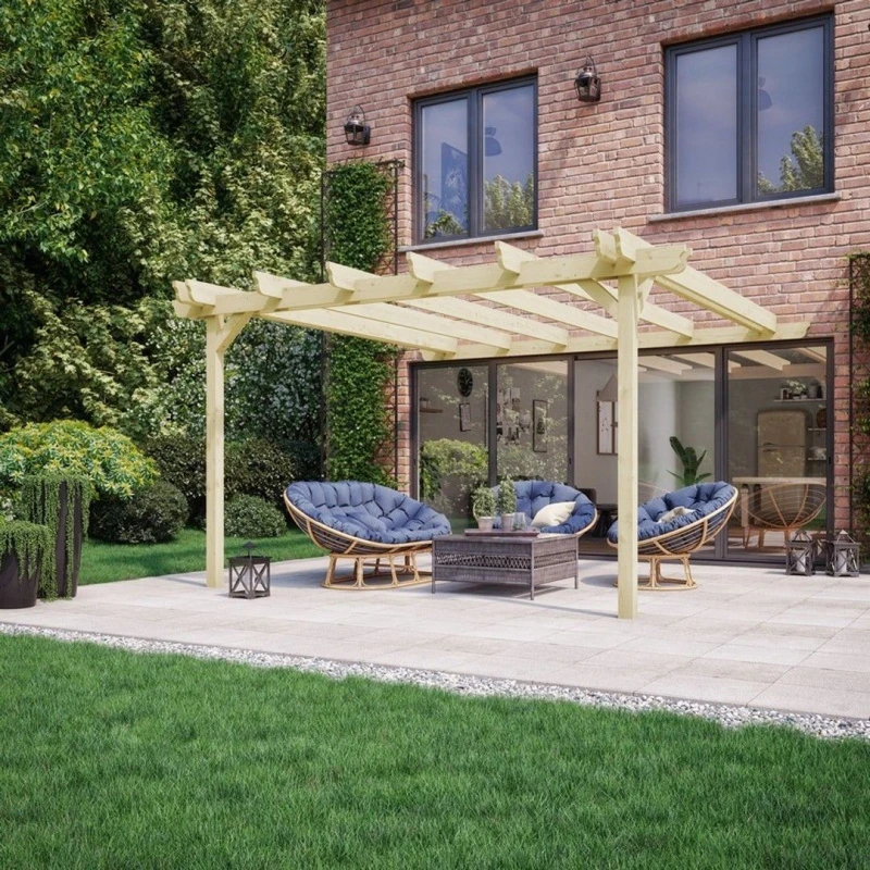 Image of Rutland County Garden Furniture Ltd Wall Mounted Double Garden Pergola, Wood, L420 x W480 x H270cm, Brown in Light Green Light Green Unisex