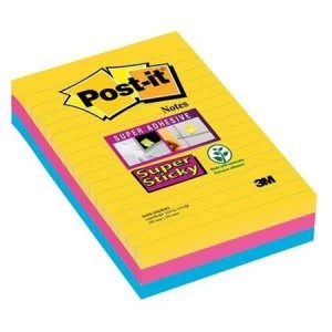 Image of Post-It 3M Super Sticky 102 x 152mm Notes Ruled Assorted Colours 3 x 90 Sheets - Rio De Janeiro Collection