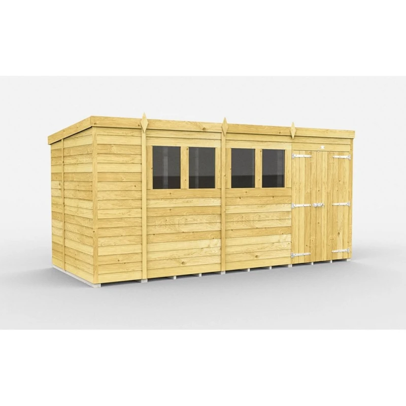 Image of Buttercup Farm 15 x 6 Feet Pent Shed - Double Door W/ Windows - L178 x W454 x H201cm in Brown Brown Unisex