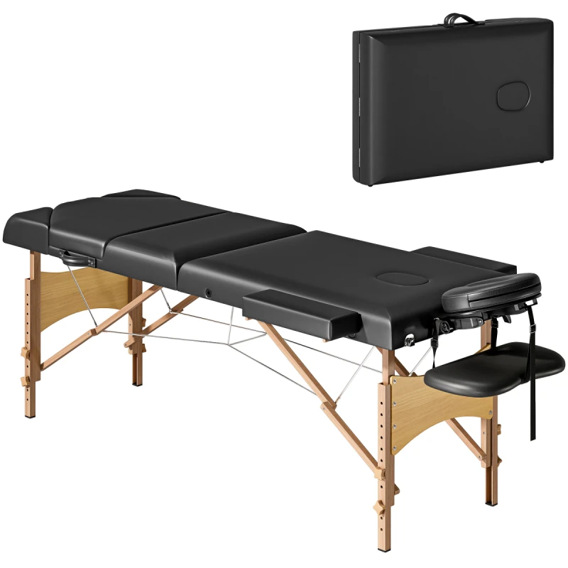 Image of HOMCOM Foldable Massage Bed with Beech Wood Legs Face Cradle Armrests Black 503-030V70BK