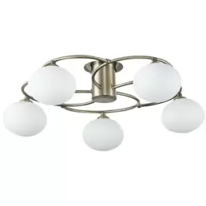 Image of Spring Lighting - Spring Contemporary Multi Arm Semi Flush Ceiling 5 Light Antique Brass, Glass
