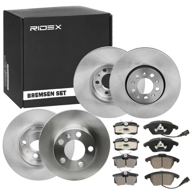 Image of RIDEX 3405B1674 Brake disc and pads set with accessories, Rear Axle, Brake Disc Type: Solid, not prepared for wear warning indicator Brake Set,disc b