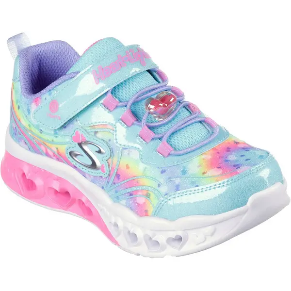 image of Skechers Girls Flutter Heart Lights Groovy Swirl Trainers UK Size 12 (EU 30) Turquoise/Hot Pink SKE2210-TQHP-12