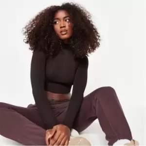 image of Missguided Rib High Neck Knit Crop Top - Brown