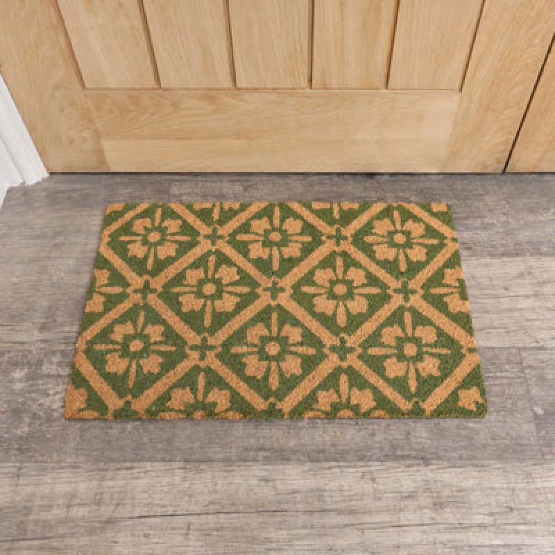 Image of Melody Maison Green & Natural Geometric Tile Print Coir Door Mat Green