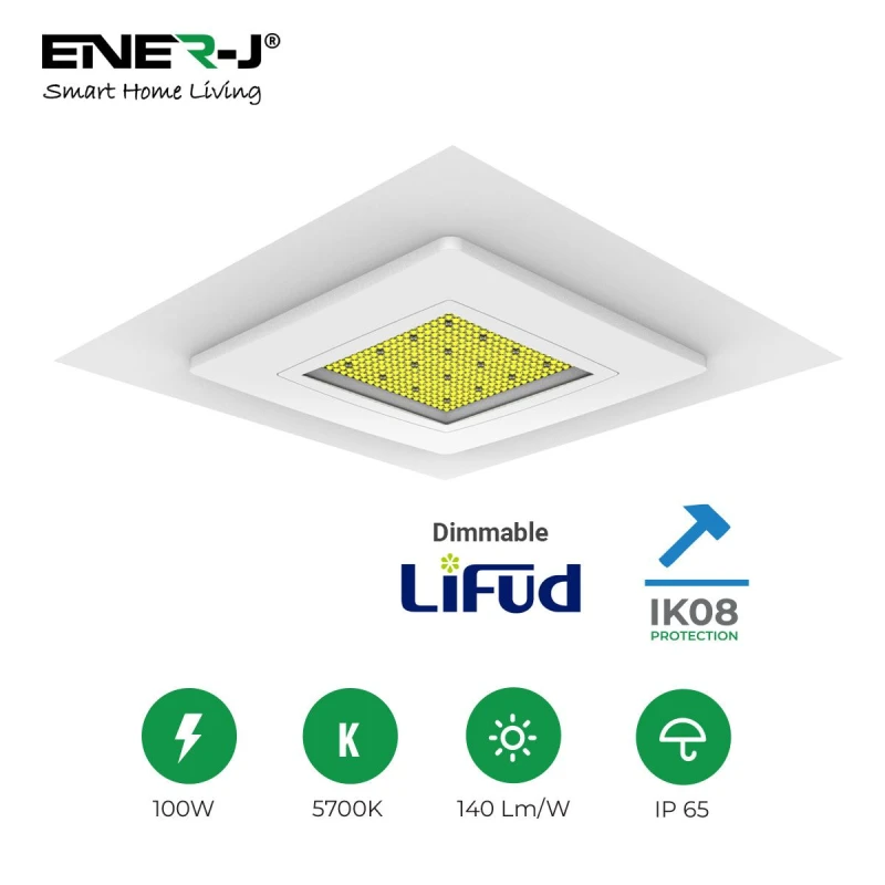 Image of ENER-J 100W Premium Canopy Lights w/ 140 Lm/W & Dimmable Lifud Driver, Size 325x325mm, IP65 & IK08, Includes Recessed Mounting Kit & Surface Bracket W