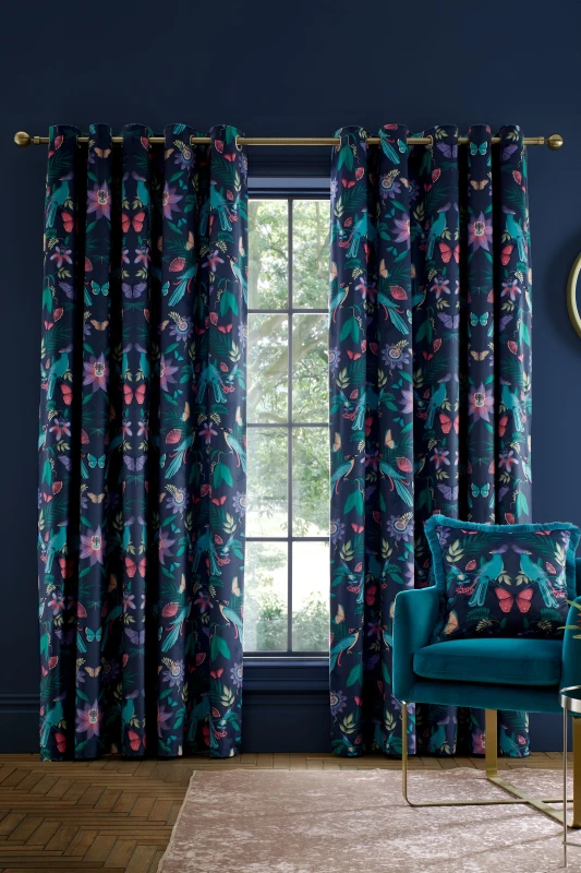 Image of Catherine Lansfield 'Mya Tropical Floral' Lined Eyelet Curtains in Navy Size: 229cm width x 229cm drop Navy Unisex 229cm width x 229cm drop