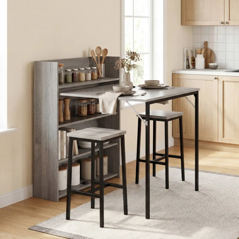 Image of HOMCOM Folding Dining Table, Kitchen Table with Shelves Grey Wood Effect Grey Unisex