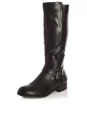 image of Quiz Buckle Detail Knee High Boot, Black, Size 3, Women