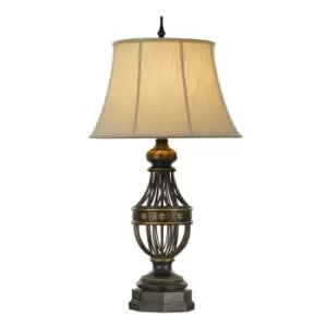 Image of Table Lamp Cup Shaped Base Cream Textured Linen Shade Antique Brown LED E27 60W