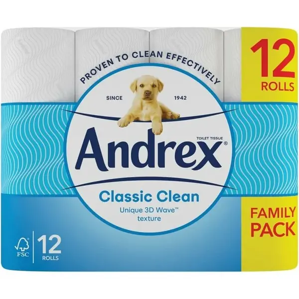 image of Andrex Classic Clean Unique 3D Wave Texture 12 Toilet Rolls