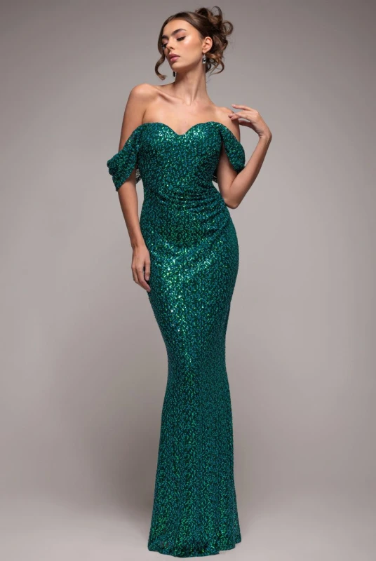 Image of Goddiva Womens Off The Shoulder Sequin Wing Maxi in Emerald Size: 14 Emerald Female 14