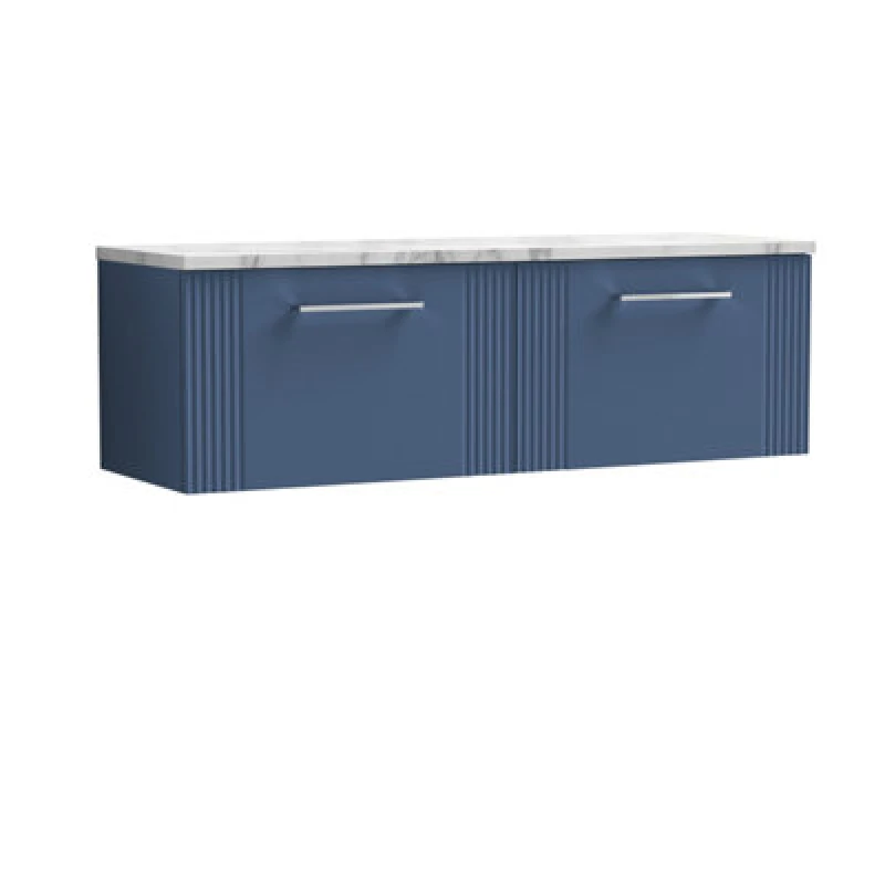 Image of Nuie Deco Wall Hung 2-Drawer Vanity Unit & Carrera Marble Laminate Worktop, Counter Top Vanity Unit In Satin Blue, 1200mm