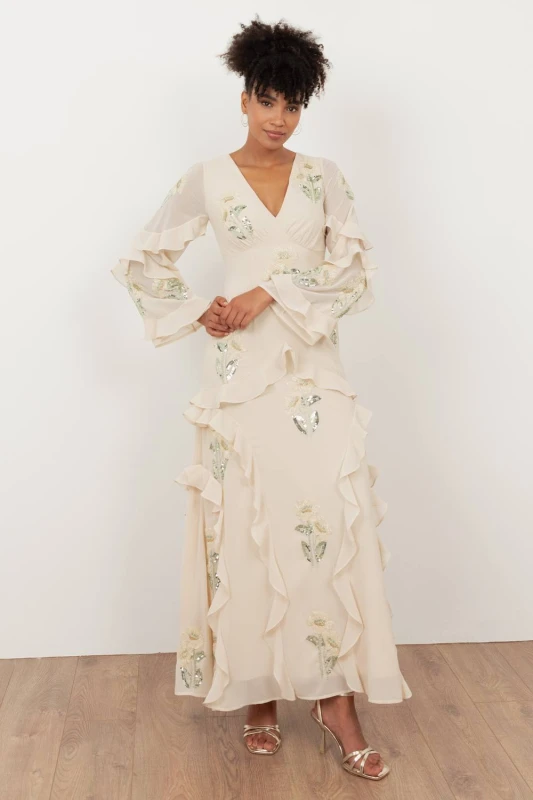 Image of Maya Deluxe Womens Embellished Long Sleeve Ruffle Maxi Dress in Nude Size: 14 Nude Female 14