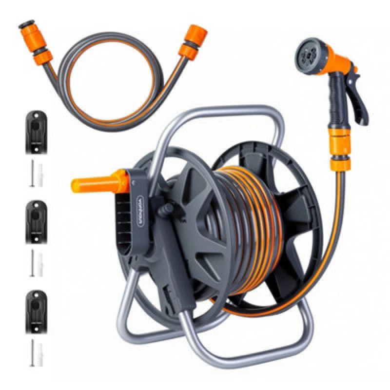 Image of Vonhaus Garden Hose Reel 15M, 2-In-1 Hose Pipe Reel With 8-Pattern Spray Nozzle & 1/2" & 3/4" Fittings, Wall Mounted/freestanding