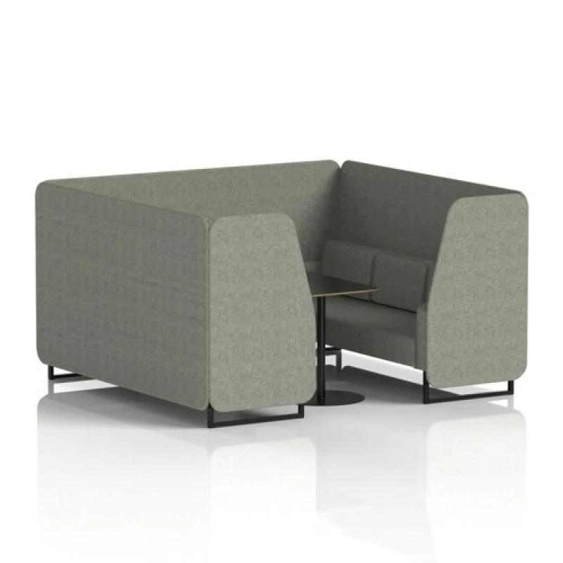 Image of Brixworth 6 Seater Office Booth with Front Panel - Black Legs and Black Table with Black Leg in Rivet Fabric - Vitreous Panels and Sofa
