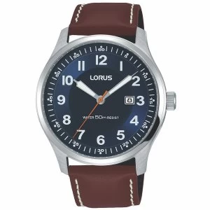 image of Lorus RH943HX9 Mens Classic Brown Leather Strap Watch with Contrast White Stitching