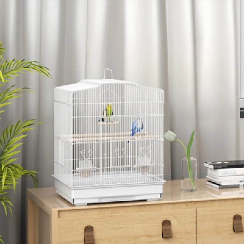 Image of PawHut 59cm Large Bird Cage with Perches, Food Bowls, Swing, White D10-018V03WT