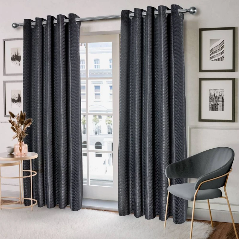 Image of New Edge Blinds Wave Woven Jacquard Curtains in Navy in Black Size: 228cm width x 228cm drop Black Unisex 228cm width x 228cm drop