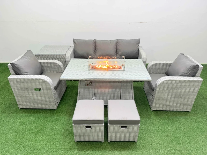 Image of Fimous PE Rattan Garden Furniture Set Reclining Chair Sofa Lounge Sofa Set Firepit Dining Table Side Table 2 Small Stools Light Grey Light Grey