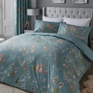 image of Dreams & Drapes Farah Floral Print Easy Care Duvet Cover Set, Duck Egg, Single