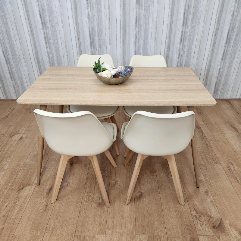 Image of KOSY KOALA Oak Effect Rectangle Kitchen Dining Table With 4 Cream Tulip Chairs Table Set Of 4 Multi