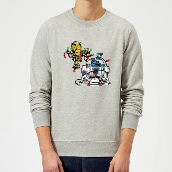 Image of Star Wars Tangled Fairy Lights Droids Grey Christmas Sweatshirt - XL - Grey