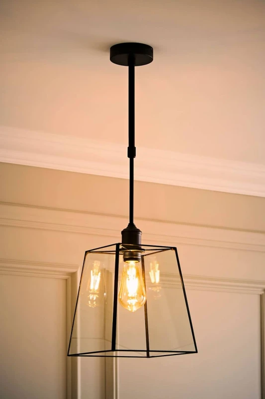 Image of ValueLights Susie Glass Lantern Lamp Shade Adjustable Pendant Ceiling Light & Bulb in Black Unisex