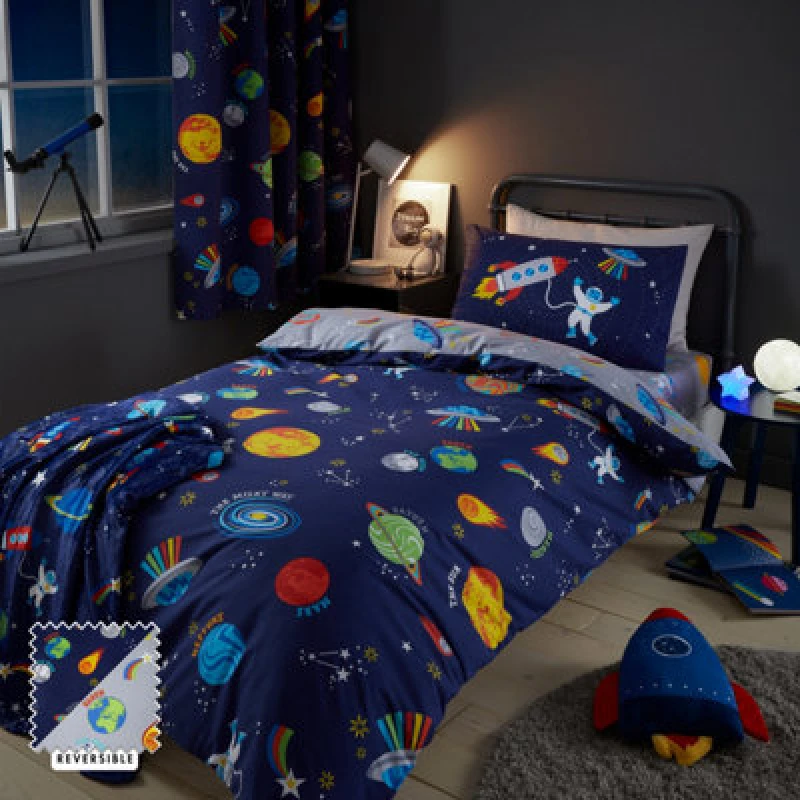 Image of Catherine Lansfield Bedding Lost In Space Reversible Duvet Cover Set With Pillowcase Blue