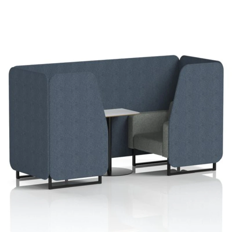 Image of Brixworth 2 Seater Office Booth with Front Panel - Black Legs and White Table with Black Leg in Rivet Fabric - Crucible Panels and Prime Sofa