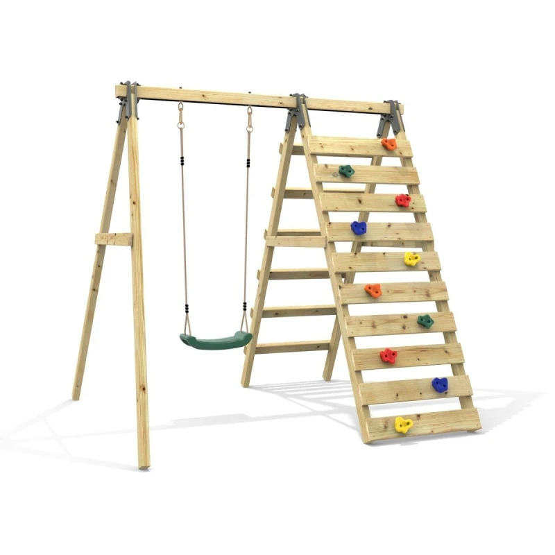 Image of OutdoorToys Glide Wooden Single Garden Swing Set with Climbing Wall & Swing Seat for Kids - Lavender (Dark Green Swing) Green Unisex