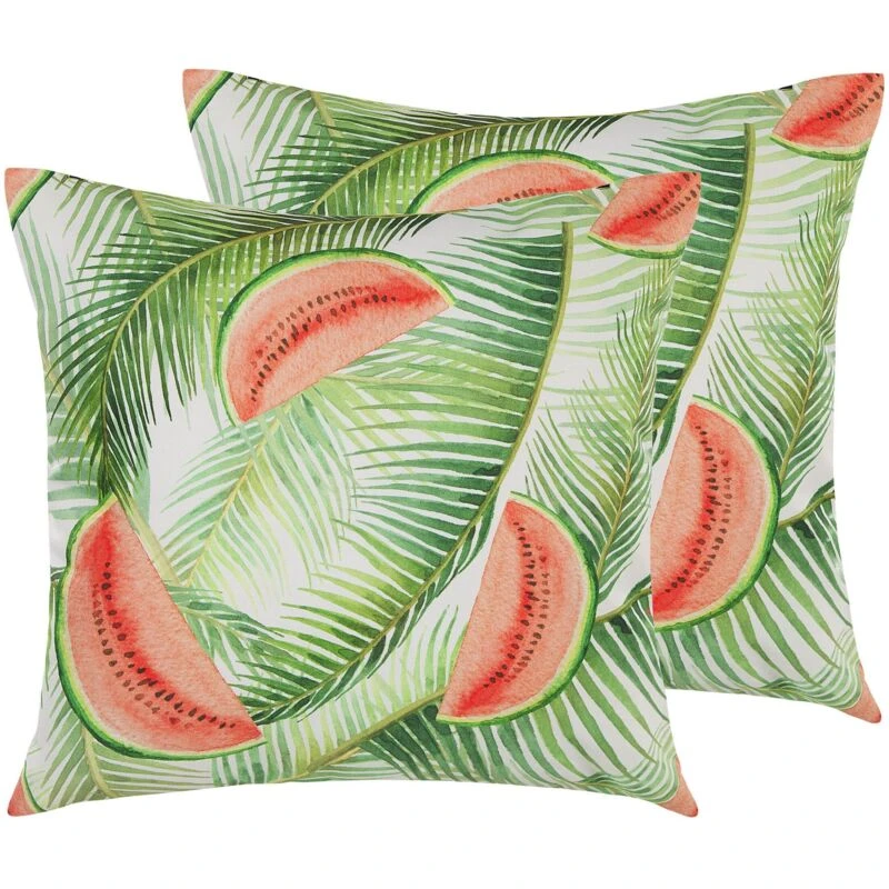 Image of Beliani Set Of 2 Outdoor Cushions Lovoleto Plant Pattern 45 X 45cm Light Green