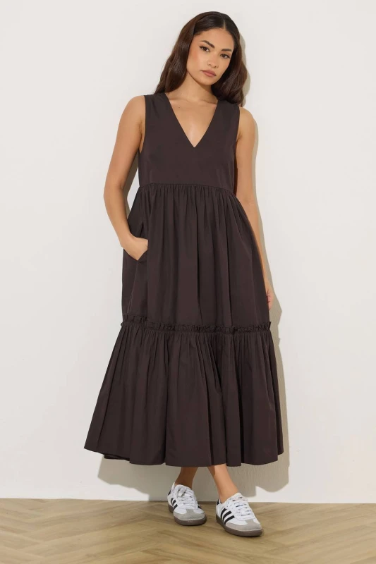 Image of PixieGirl Womens Petite Frill Tiered Midi Dress in Chocolate Size: 16 Chocolate Female 16