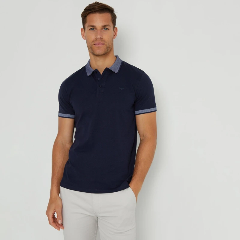 Image of Threadbare Birdseye Collar Cotton Jersey Polo Shirt Navy male S