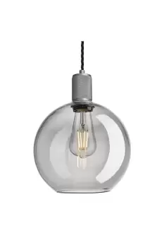 image of Knurled Tinted Glass Globe Pendant Light, 9 Inch, Smoke Grey, Pewter Holder