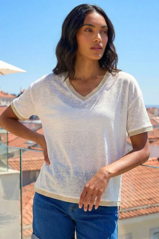 Image of Roman Womens Metallic Trim V-Neck T-Shirt in Cream Size: 10 Cream Female 10