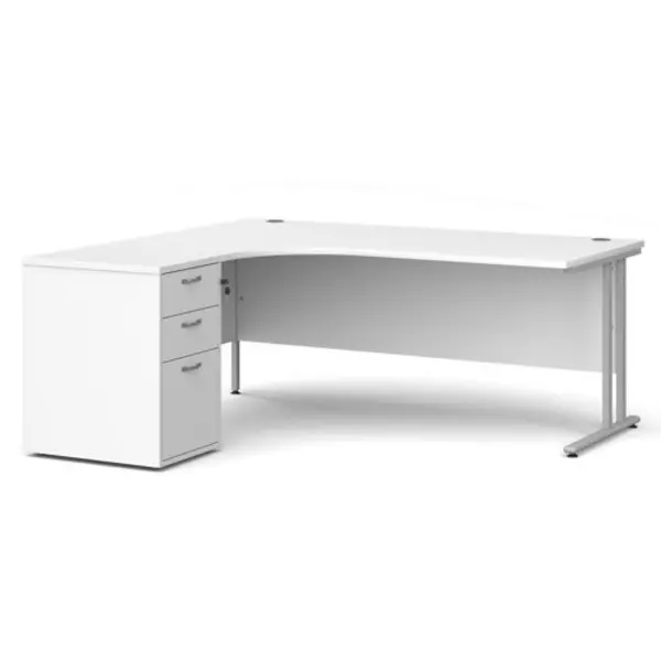 image of Office Desk Left Hand Corner Desk 1800mm With Pedestal White Top With Silver Frame Maestro 25