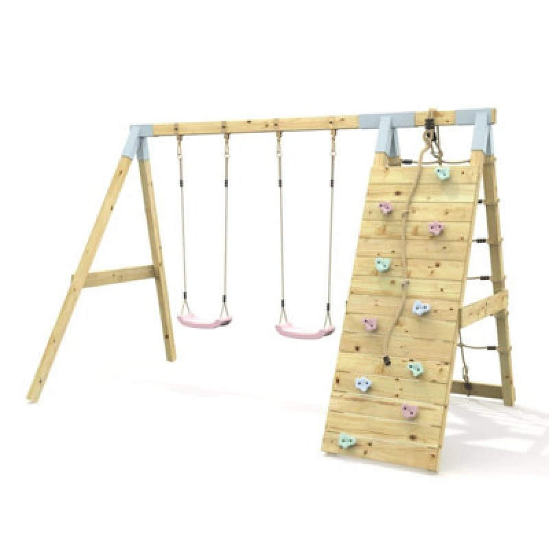 Image of Rebo Premium Double Garden Swing With Up And Over Wall For Kids - Dusky Pink