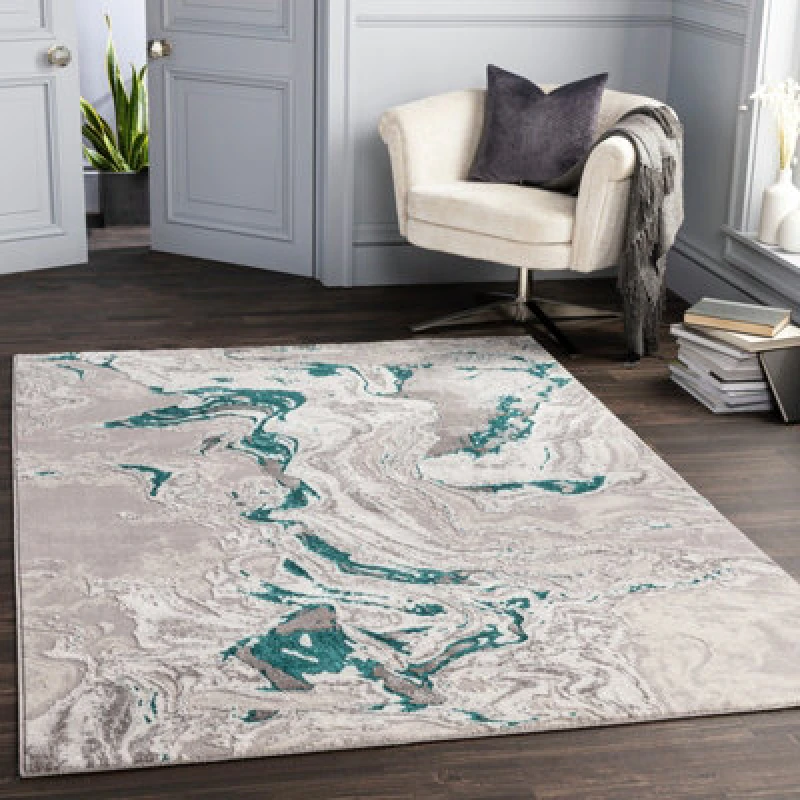 Image of Livabliss Abstract Modern Marble Teal Dahlia Area Rug 120 X 170 Cm - Easy Care, Non Shedding, Ideal For Living Room & Bedroom
