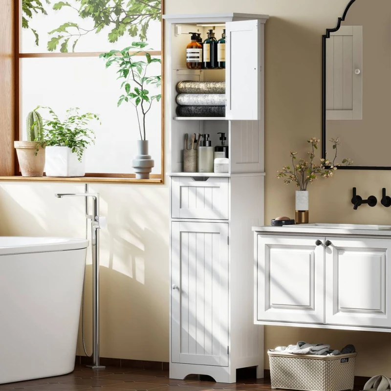 Image of HOMCOM 170cm Tall Bathroom Storage Cabinet with LED Light, Adjustable Shelf in White White Unisex