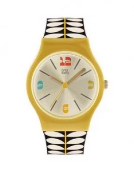 image of Orla Kiely Orla Kiely Bobby Yellow Case Black And White Stem Print Strap Watch