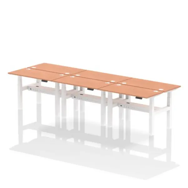 Image of Air Air Back-to-Back 1200 x 600mm Height Adjustable 6 Person Bench Desk Beech Top with Cable Ports White Frame HASCP6P12600BCHW