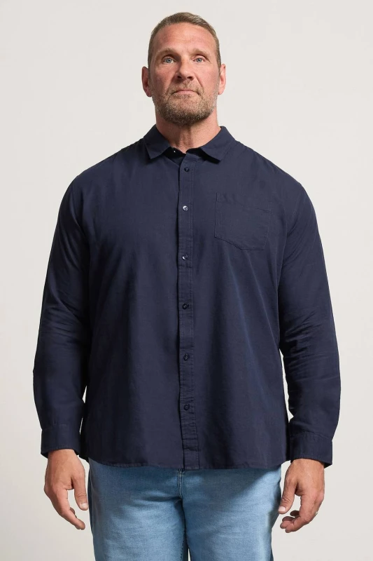 Image of BadRhino Mens Long Sleeve Linen Blend Shirt in Dark Navy Size: 4XL Dark Navy Male 4XL